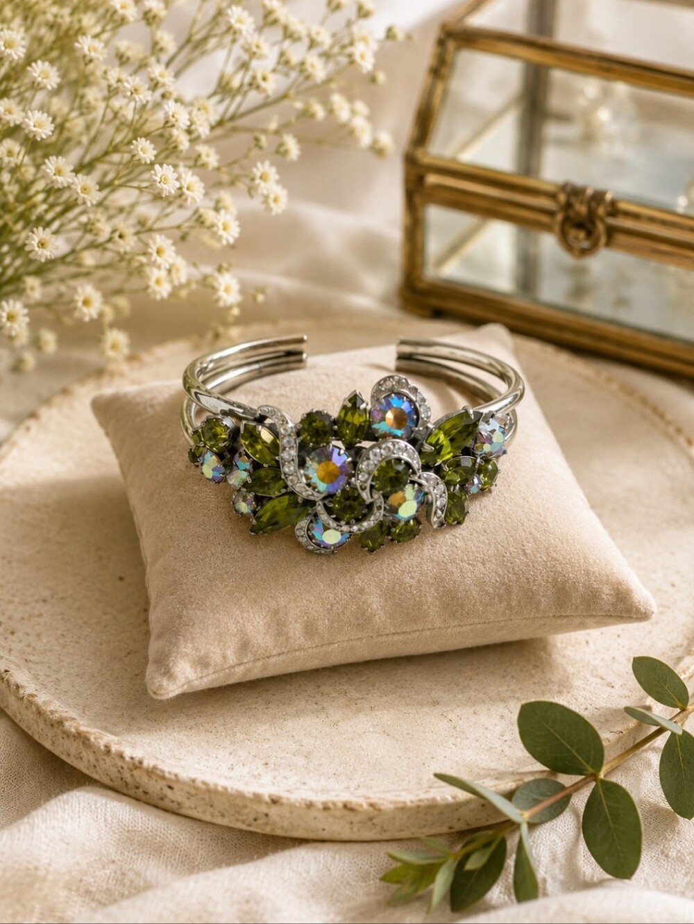CONTINENTAL- Olive Green Crystal Cuff Bracelet -